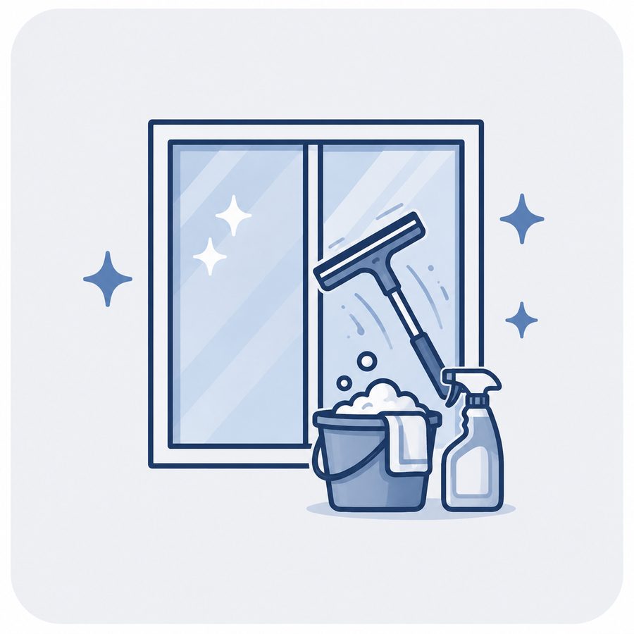 Illustration Fensterreinigung: Fenster mit Abzieher und Sprühflasche