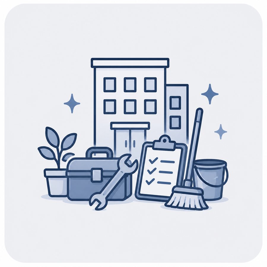 Illustration Hauswartung: Werkzeugkoffer, Checkliste und Putzutensilien vor Gebäude