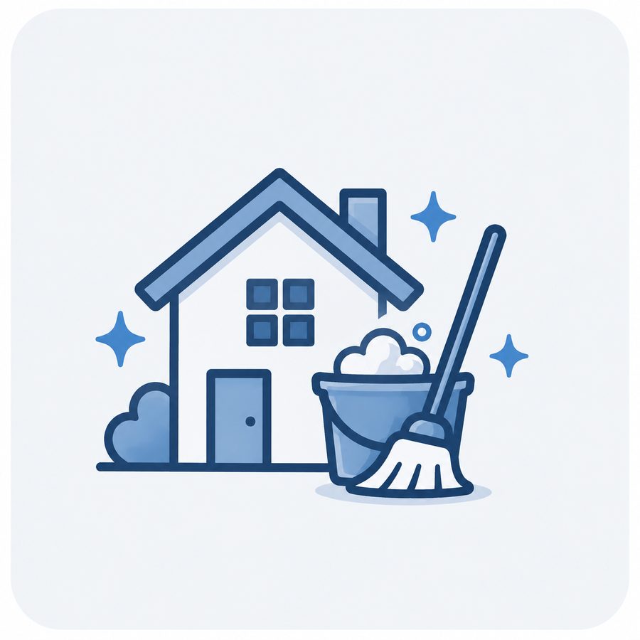 Illustration Wohnungsreinigung: Haus mit Putzeimer und Mopp